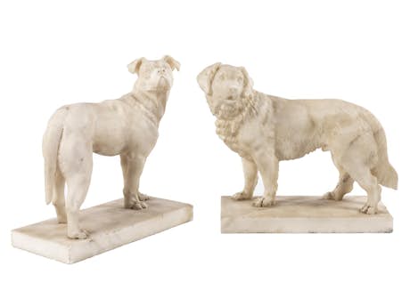 Paar Hundeskulpturen aus weißem Marmor